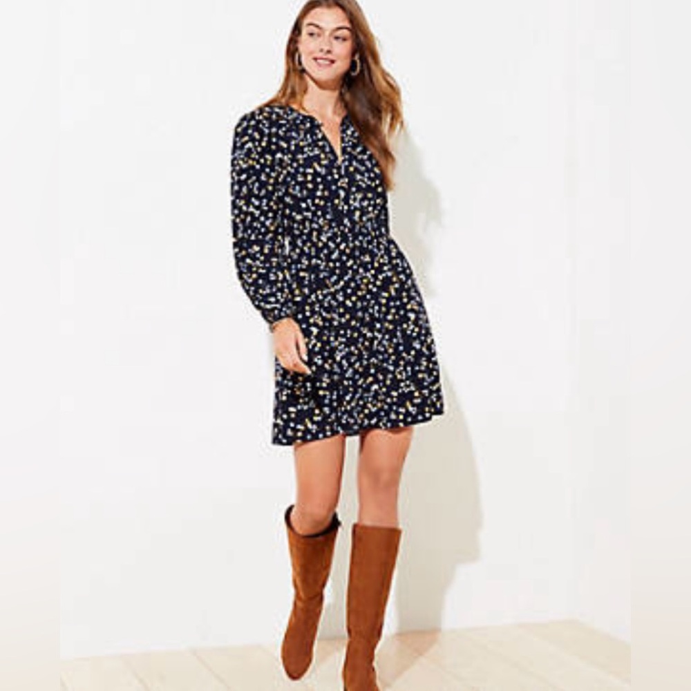 NWT LOFT Navy Floral Flare Dress Size XS
